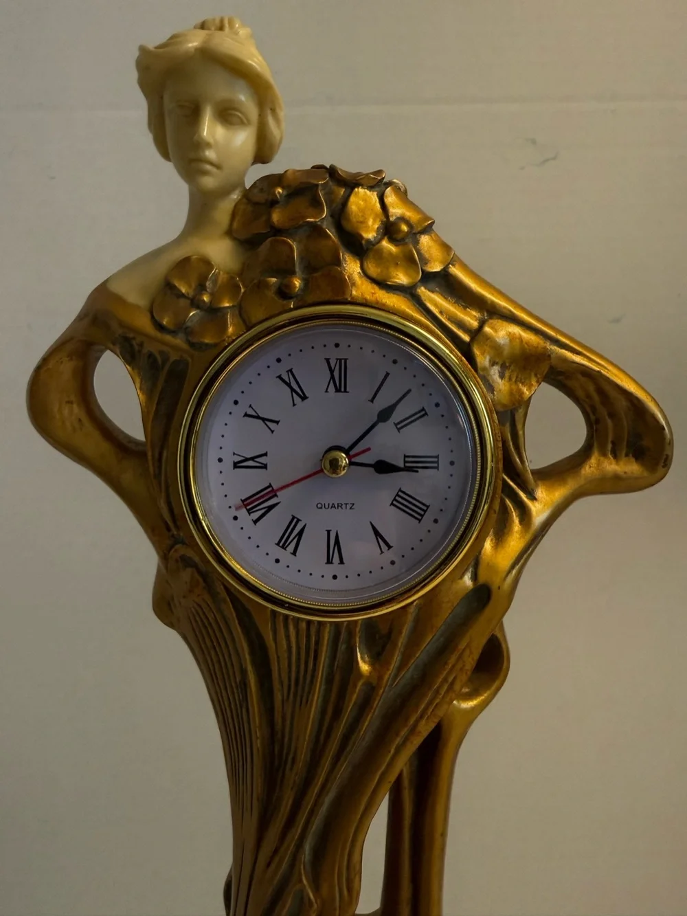 Art Nouveau Woman with Flowers Mantel Clock Poly Dragon Designed in U.K. Quartz